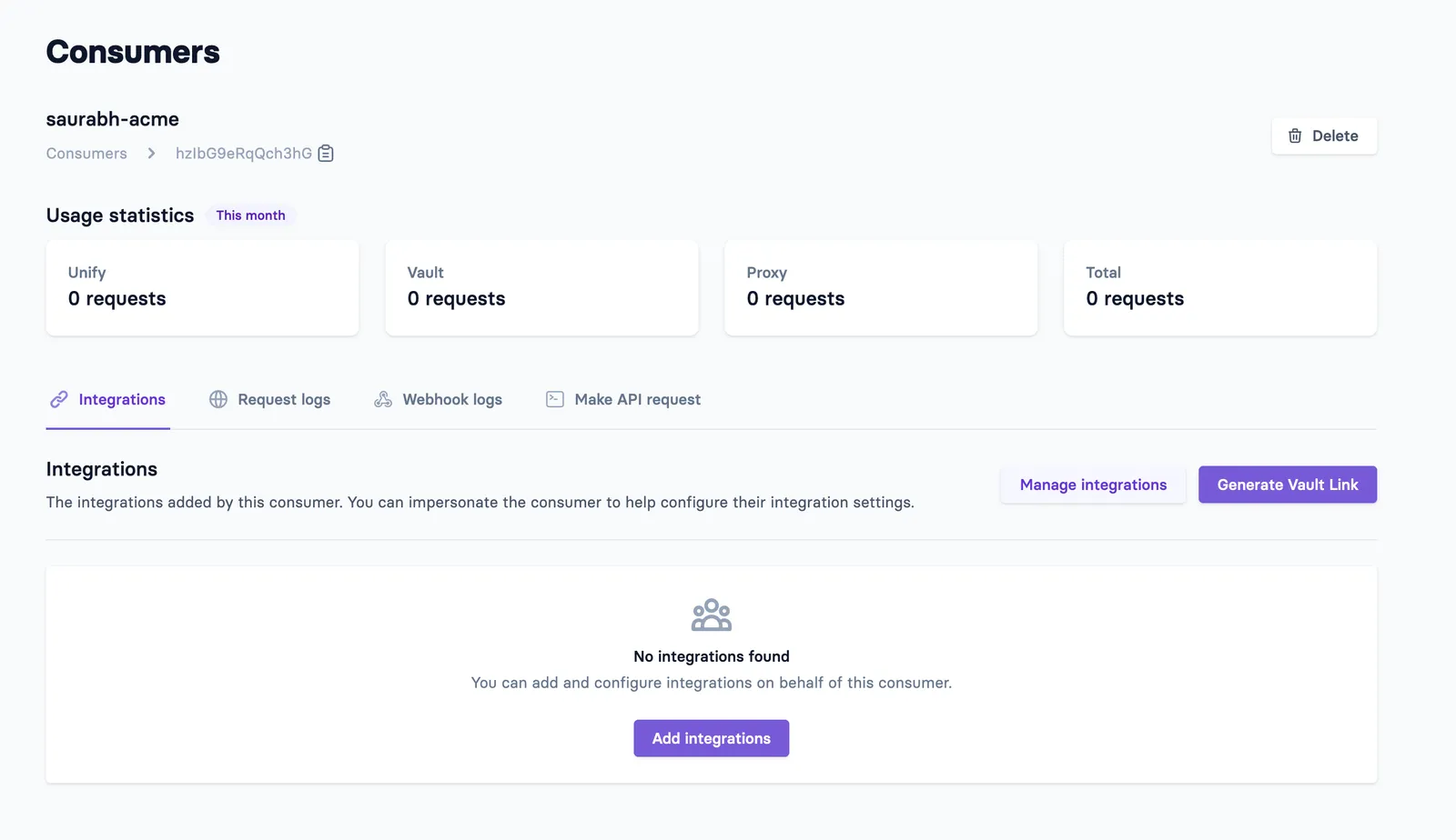 The Apideck consumer dashboard showing a consumer's connections, API call statistics and request logs.