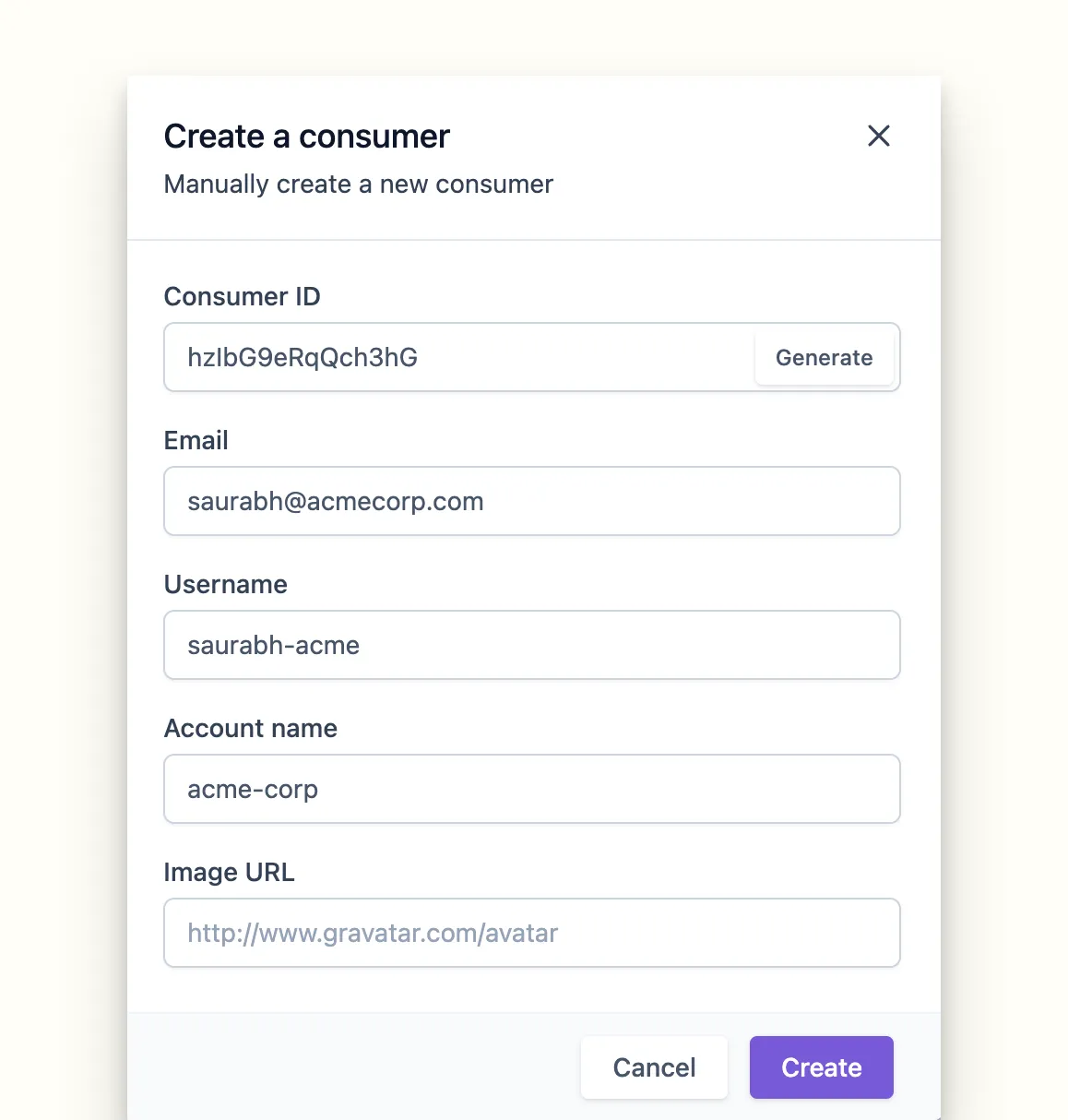 The Add consumer form in the Apideck dashboard, with fields for consumer ID, email, username and account name.